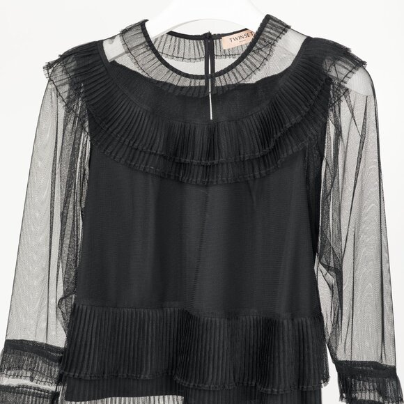 Twinset Black Pleated Flounce Tulle Blouse - Picture 4 of 12